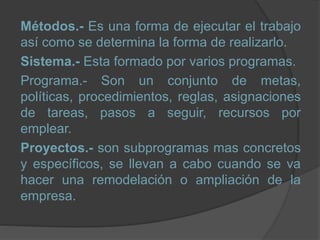 Métodos.- Es una forma de ejecutar el trabajo
así como se determina la forma de realizarlo.
Sistema.- Esta formado por varios programas.
Programa.- Son un conjunto de metas,
políticas, procedimientos, reglas, asignaciones
de tareas, pasos a seguir, recursos por
emplear.
Proyectos.- son subprogramas mas concretos
y específicos, se llevan a cabo cuando se va
hacer una remodelación o ampliación de la
empresa.
 