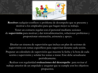 Resolver cualquier conflicto o problema de desempeño que se presente y
motivar a los empleados para que hagan mejor su trabajo.
Tener un contacto regular con el personal mediante sesiones
de supervisión para motivar y dar retroalimentación, solucionar problemas y
proporcionar orientación, asistencia y apoyo.
Diseñar un sistema de supervisión que incluya un plan de sesiones de
supervisión con temas específicos para supervisar durante cada sesión.
Preparar un calendario de supervisión que muestre la fecha y la hora de cada
sesión e supervisión y señalar los temas a tratar. Este debe actualizarse
periódicamente.
. Realizar con regularidad evaluaciones del desempeño para revisar el
trabajo anterior de un empelado y asegurar que se cumple con los objetivos
propuestos.
 