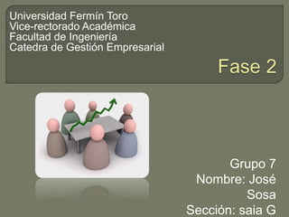 Grupo 7
Nombre: José
Sosa
Sección: saia G
Universidad Fermín Toro
Vice-rectorado Académica
Facultad de Ingeniería
Catedra de Gestión Empresarial
 