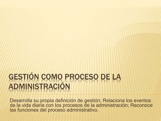 GESTIÓN COMO PROCESO DE LA
ADMINISTRACIÓN
Desarrolla su propia definición de gestión; Relaciona los eventos
de la vida diaria con los procesos de la administración; Reconoce
las funciones del proceso administrativo.