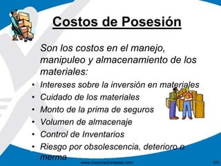 Costos de Posesión 
Son los costos en el manejo, 
manipuleo y almacenamiento de los 
materiales: 
• Intereses sobre la inversión en materiales 
• Cuidado de los materiales 
• Monto de la prima de seguros 
• Volumen de almacenaje 
• Control de Inventarios 
• Riesgo por obsolescencia, deterioro o 
merma 
www.corporacionsesar.com 101 
 