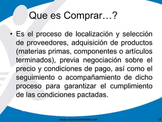 Que es Comprar…? 
• Es el proceso de localización y selección 
de proveedores, adquisición de productos 
(materias primas, componentes o artículos 
terminados), previa negociación sobre el 
precio y condiciones de pago, así como el 
seguimiento o acompañamiento de dicho 
proceso para garantizar el cumplimiento 
de las condiciones pactadas. 
www.corporacionsesar.com 12 
 