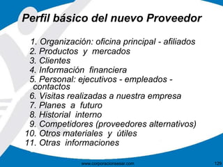 Perfil básico del nuevo Proveedor 
1. Organización: oficina principal - afiliados 
2. Productos y mercados 
3. Clientes 
4. Información financiera 
5. Personal: ejecutivos - empleados - 
contactos 
6. Visitas realizadas a nuestra empresa 
7. Planes a futuro 
8. Historial interno 
9. Competidores (proveedores alternativos) 
10. Otros materiales y útiles 
11. Otras informaciones 
www.corporacionsesar.com 129 
 
