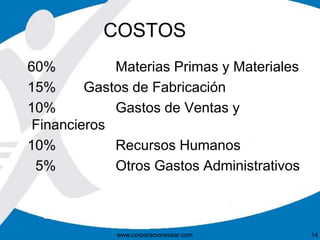 COSTOS 
60% Materias Primas y Materiales 
15% Gastos de Fabricación 
10% Gastos de Ventas y 
Financieros 
10% Recursos Humanos 
5% Otros Gastos Administrativos 
www.corporacionsesar.com 14 
 