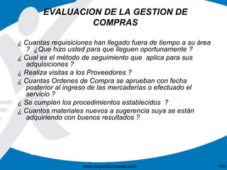 EVALUACION DE LA GESTION DE 
COMPRAS 
¿ Cuantas requisiciones han llegado fuera de tiempo a su área 
? ¿Que hizo usted para que lleguen oportunamente ? 
¿ Cual es el método de seguimiento que aplica para sus 
adquisiciones ? 
¿ Realiza visitas a los Proveedores ? 
¿ Cuantas Ordenes de Compra se aprueban con fecha 
posterior al ingreso de las mercaderías o efectuado el 
servicio ? 
¿ Se cumplen los procedimientos establecidos ? 
¿ Cuantos materiales nuevos a sugerencia suya se están 
adquiriendo con buenos resultados ? 
www.corporacionsesar.com 149 
 