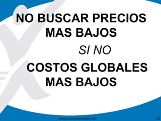 NO BUSCAR PRECIOS 
MAS BAJOS 
SI NO 
COSTOS GLOBALES 
MAS BAJOS 
www.corporacionsesar.com 20 
 