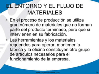 EL ENTORNO Y EL FLUJO DE 
MATERIALES 
• En el proceso de producción se utiliza 
gran número de materiales que no forman 
parte del producto terminado, pero que si 
intervienen en su fabricación. 
• Las herramientas y los materiales 
requeridos para operar, mantener la 
fabrica y la oficina constituyen otro grupo 
de artículos necesarios para el 
funcionamiento de la empresa. 
www.corporacionsesar.com 26 
 