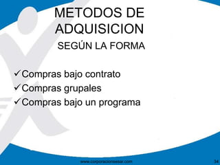 METODOS DE 
ADQUISICION 
SEGÚN LA FORMA 
Compras bajo contrato 
Compras grupales 
Compras bajo un programa 
www.corporacionsesar.com 34 
 