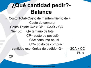 ¿Qué cantidad pedir?- 
Balance 
• Costo Total=Costo de mantenimiento de + 
Costo de comprar 
Costo Total= Q/2 x CP + CA/Q x CC 
Siendo: Q= tamaño de lote 
CP= costo de posesión 
CA= consumo anual 
CC= costo de comprar 
cantidad económica de pedido=Q= 2CA x CC 
PU x 
CP 
www.corporacionsesar.com 44 
 