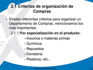 2.1 Criterios de organización de 
Compras 
• Existen diferentes criterios para organizar un 
Departamento de Compras, mencionamos los 
mas importantes: 
2.1.1 Por especialización en el producto: 
- Insumos o materias primas 
- Químicos 
- Repuestos 
- Ferretería 
- Plasticos, etc., 
www.corporacionsesar.com 54 
 