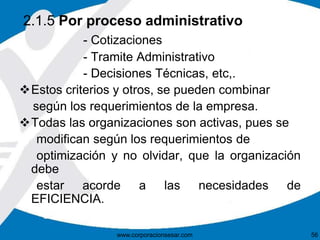 2.1.5 Por proceso administrativo 
- Cotizaciones 
- Tramite Administrativo 
- Decisiones Técnicas, etc,. 
Estos criterios y otros, se pueden combinar 
según los requerimientos de la empresa. 
Todas las organizaciones son activas, pues se 
modifican según los requerimientos de 
optimización y no olvidar, que la organización 
debe 
estar acorde a las necesidades de 
EFICIENCIA. 
www.corporacionsesar.com 56 
 