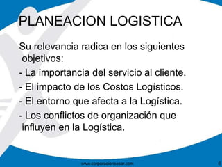 PLANEACION LOGISTICA 
Su relevancia radica en los siguientes 
objetivos: 
- La importancia del servicio al cliente. 
- El impacto de los Costos Logísticos. 
- El entorno que afecta a la Logística. 
- Los conflictos de organización que 
influyen en la Logística. 
www.corporacionsesar.com 6 
 