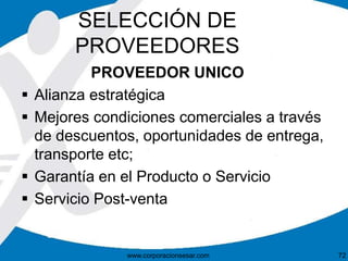 SELECCIÓN DE 
PROVEEDORES 
PROVEEDOR UNICO 
 Alianza estratégica 
 Mejores condiciones comerciales a través 
de descuentos, oportunidades de entrega, 
transporte etc; 
 Garantía en el Producto o Servicio 
 Servicio Post-venta 
www.corporacionsesar.com 72 
 