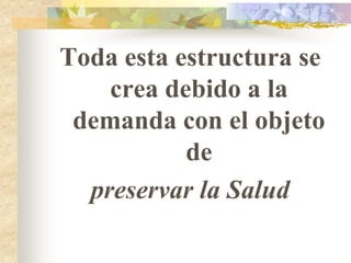 Toda esta estructura se
    crea debido a la
 demanda con el objeto
           de
  preservar la Salud
 