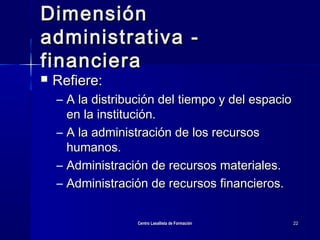 Centro Lasallista de FormaciónCentro Lasallista de Formación 2222
DimensiónDimensión
administrativa -administrativa -
financierafinanciera
 Refiere:Refiere:
– A la distribución del tiempo y del espacioA la distribución del tiempo y del espacio
en la institución.en la institución.
– A la administración de los recursosA la administración de los recursos
humanos.humanos.
– Administración de recursos materiales.Administración de recursos materiales.
– Administración de recursos financieros.Administración de recursos financieros.
 