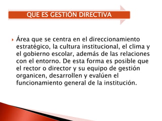 Área que se centra en el direccionamiento estratégico, la cultura institucional, el clima y el gobierno escolar, además de las relaciones con el entorno. De esta forma es posible que el rector o director y su equipo de gestión organicen, desarrollen y evalúen el funcionamiento general de la institución.