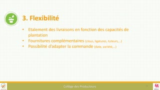 Collège des Producteurs
3. Flexibilité
• Etalement des livraisons en fonction des capacités de
plantation
• Fournitures complémentaires (clous, ligatures, tuteurs,…)
• Possibilité d’adapter la commande (date, variété,…)
12
 