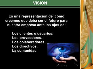 VISION
Es una representación de cómo
creemos que deba ser el futuro para
nuestra empresa ante los ojos de:
Los clientes o usuarios.
Los proveedores.
Los colaboradores.
Los directivos.
La comunidad
 