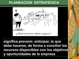 PLANEACION ESTRATEGICA
significa prevenir, anticipar, lo que
debe hacerse, de forma a conciliar los
recursos disponibles con los objetivos
y oportunidades de la empresa
 