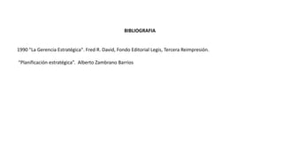 BIBLIOGRAFIA
1990 "La Gerencia Estratégica". Fred R. David, Fondo Editorial Legis, Tercera Reimpresión.
“Planificación estratégica”. Alberto Zambrano Barrios
 