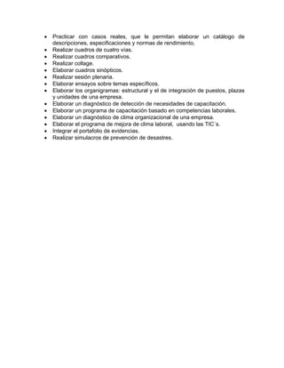 •
•
•
•
•
•
•
•
•
•
•
•
•
•

Practicar con casos reales, que le permitan elaborar un catálogo de
descripciones, especificaciones y normas de rendimiento.
Realizar cuadros de cuatro vías.
Realizar cuadros comparativos.
Realizar collage.
Elaborar cuadros sinópticos.
Realizar sesión plenaria.
Elaborar ensayos sobre temas específicos.
Elaborar los organigramas: estructural y el de integración de puestos, plazas
y unidades de una empresa.
Elaborar un diagnóstico de detección de necesidades de capacitación.
Elaborar un programa de capacitación basado en competencias laborales.
Elaborar un diagnóstico de clima organizacional de una empresa.
Elaborar el programa de mejora de clima laboral, usando las TIC`s.
Integrar el portafolio de evidencias.
Realizar simulacros de prevención de desastres.

 