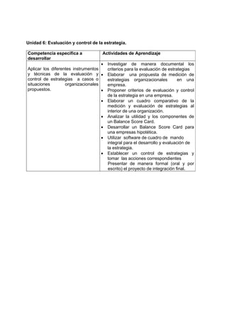 Unidad 6: Evaluación y control de la estrategia.

Competencia específica a            Actividades de Aprendizaje
desarrollar
                                    •   Investigar de manera documental los
Aplicar los diferentes instrumentos     criterios para la evaluación de estrategias
y técnicas de la evaluación y •         Elaborar una propuesta de medición de
control de estrategias a casos o        estrategias organizacionales         en una
situaciones        organizacionales     empresa.
propuestos.                         •   Proponer criterios de evaluación y control
                                        de la estrategia en una empresa.
                                   •    Elaborar un cuadro comparativo de la
                                        medición y evaluación de estrategias al
                                        interior de una organización.
                                   •    Analizar la utilidad y los componentes de
                                        un Balance Score Card.
                                   •    Desarrollar un Balance Score Card para
                                        una empresas hipotética.
                                   •    Utilizar software de cuadro de mando
                                        integral para el desarrollo y evaluación de
                                        la estrategia.
                                   •    Establecer un control de estrategias y
                                        tomar las acciones correspondientes
                                        Presentar de manera formal (oral y por
                                        escrito) el proyecto de integración final.
 