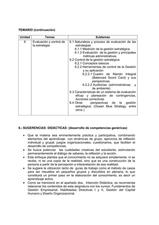 TEMARIO (continuación)

Unidad           Temas                               Subtemas
   6     Evaluación y control de   6.1 Naturaleza y proceso de evaluación de las
         la estrategia                 estrategias
                                       6.1.1 Medición de la gestión estratégica
                                       6.1.2 Evaluación de la gestión y principales
                                             métricas administrativas
                                   6.2 Control de la gestión estratégica
                                       6.2.1 Conceptos básicos
                                       6.2.2 Herramientas de control de la Gestión
                                             y su aplicación
                                             6.2.2.1 Cuadro de Mando Integral
                                                    (Balanced Scord Card) y sus
                                                    perspectivas
                                             6.2.2.2 Auditorias (administrativas y
                                                    de ambiente)
                                   6.3 Características de un sistema de evaluación
                                       eficaz y planeación de contingencias,
                                       Acciones correctivas
                                   6.4 Otras       perspectivas de la gestión
                                       estratégica: (Ocean Blue Strategy, entre
                                       otros )




8.- SUGERENCIAS DIDÁCTICAS (desarrollo de competencias genéricas)

  • Que la materia sea eminentemente práctica y participativa, combinando
    elementos del aprendizaje con dinámicas de grupo, ejercicios de reflexión
    individual y grupal, juegos organizacionales, cuestionarios, que faciliten el
    desarrollo de competencias.
  • Se busca potenciar las cualidades creativas del estudiante, estimulando
    permanentemente el diálogo de saberes, la reflexión y la acción.
  • Este enfoque plantea que el conocimiento no se adquiere simplemente, ni se
    recibe, ni es una copia de la realidad, sino que es una construcción de la
    persona a partir de la percepción e interpretación de esa realidad.
  • Se sugiere la utilización tanto de guías de trabajo como el método de casos
    para ser resueltos en pequeños grupos y discutidos en plenaria, lo que
    constituirá un primer paso en la elaboración del conocimiento, es decir un
    aprendizaje activo.
  • Como se mencionó en el apartado dos, Intención Didáctica, se recomienda
    relacionar los contenidos de esta asignatura con los cursos: Fundamentos de
    Gestión Empresarial, Habilidades Directivas I y II, Gestión del Capital
    Humano y Diseño Organizacional.
 