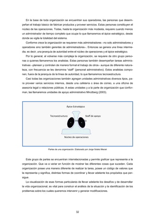 En la base de toda organización se encuentran sus operadores, las personas que desem-
peñan el trabajo básico de fabricar productos y proveer servicios. Estas personas constituyen el
núcleo de las operaciones. Todas, hasta la organización más modesta, requiere cuando menos
un administrador de tiempo completo que ocupe lo que llamaremos el ápice estratégico, desde
donde se vigila la totalidad del sistema.
Conforme crece la organización se requieren más administradores –no solo administradores y
operadores sino también gerentes de administradores–. Entonces se genera una línea interme-
dia, es decir, una jerarquía de autoridad entre el núcleo de operaciones y el ápice estratégico.
Por lo general, al volverse más compleja la organización, se requiere de otro grupo perso-
nas a quienes llamaremos los analistas. Estas personas también desempeñan tareas adminis-
trativas –planean y controlan de manera formal el trabajo de otros– aunque de diferente natura-
leza, con frecuencia se les denomina “staff” (personal administrativo). Estos analistas compo-
nen, fuera de la jerarquía de la línea de autoridad, lo que llamaremos tecnoestructura.
Casi todas las organizaciones también agregan unidades administrativas diversos tipos, pa-
ra proveer varios servicios internos, desde una cafetería o área de correo, a una oficina de
asesoría legal o relaciones públicas. A estas unidades y a la parte de organización que confor-
man, las llamaremos unidades de apoyo administrativo Minztberg (2003).
Partes de una organización. Elaborado por Jorge Sotelo Maciel
Este grupo de partes se encuentran interrelacionadas y permite graficar que represente a la
organización. Que va a variar en función de mostrar las diferentes cosas que suceden. Cada
organización posee una manera diferente de realizar la tarea, posee un código de valores que
la representa y significa, distintas formas de coordinar y llevar adelante los propósitos que per-
sigue.
La visualización de esas formas particulares de llevar adelante los desafíos y de desarrollar
la vida organizacional, es vital para construir el análisis de la situación y la identificación de los
problemas sobre los cuales queremos intervenir y generar modificaciones.
Ápice Estratégico
Staff de apoyoTecnoestructura
Núcleo de operaciones
Línea intermedia
32
 