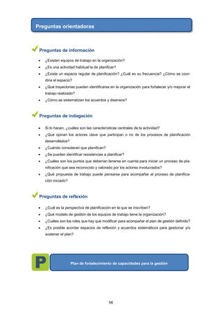 Preguntas orientadoras
Preguntas de información
 ¿Existen equipos de trabajo en la organización?
 ¿Es una actividad habitual la de planificar?
 ¿Existe un espacio regular de planificación? ¿Cuál es su frecuencia? ¿Cómo se coor-
dina el espacio?
 ¿Qué trayectorias pueden identificarse en la organización para fortalecer y/o mejorar el
trabajo realizado?
 ¿Cómo se sistematizan los acuerdos y disensos?
Preguntas de indagación
 Si lo hacen, ¿cuáles son las características centrales de la actividad?
 ¿Qué opinan los actores clave que participan o no de los procesos de planificación
desarrollados?
 ¿Cuándo consideran que planifican?
 ¿Se pueden identificar resistencias a planificar?
 ¿Cuáles son los puntos que deberían tenerse en cuenta para iniciar un proceso de pla-
nificación que sea reconocido y valorado por los actores involucrados?
 ¿Qué propuesta de trabajo puede pensarse para acompañar el proceso de planifica-
ción iniciado?
Preguntas de reflexión
 ¿Cuál es la perspectiva de planificación en la que se inscriben?
 ¿Qué modelo de gestión de los equipos de trabajo tiene la organización?
 ¿Cuáles son los roles que hay que modificar para acompañar el plan de gestión definido?
 ¿Es posible acordar espacios de reflexión y acuerdos sistemáticos para gestionar y/o
sostener el plan?
Plan de fortalecimiento de capacidades para la gestión
56
 