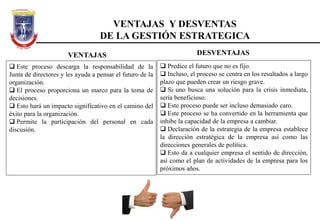 VENTAJAS Y DESVENTAS
DE LA GESTIÓN ESTRATEGICA
 Este proceso descarga la responsabilidad de la
Junta de directores y les ayuda a pensar el futuro de la
organización.
 El proceso proporciona un marco para la toma de
decisiones.
 Esto hará un impacto significativo en el camino del
éxito para la organización.
 Permite la participación del personal en cada
discusión.
 Predice el futuro que no es fijo.
 Incluso, el proceso se centra en los resultados a largo
plazo que pueden crear un riesgo grave.
 Si uno busca una solución para la crisis inmediata,
sería beneficioso.
 Este proceso puede ser incluso demasiado caro.
 Este proceso se ha convertido en la herramienta que
inhibe la capacidad de la empresa a cambiar.
 Declaración de la estrategia de la empresa establece
la dirección estratégica de la empresa así como las
direcciones generales de política.
 Esto da a cualquier empresa el sentido de dirección,
así como el plan de actividades de la empresa para los
próximos años.
VENTAJAS DESVENTAJAS
 