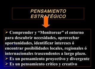 PENSAMIENTO ESTRATÉGICO Comprender y “Monitorear” el entorno  para descubrir necesidades, aprovechar oportunidades, identificar intereses ó encontrar posibilidades locales, regionales ó internacionales trascendentes a largo plazo. Es un pensamiento proyectivo y divergente Es un pensamiento crítico y creativo 