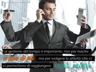 La gestione del tempo è importante, non per riuscire 
a fare di più 
, ma per svolgere le attività che ci 
i nostri obiettivi 
ci permettono di raggiungere Valeria Laurenti - Gestione del Tempo 3 
 