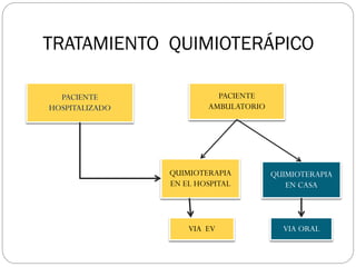 TRATAMIENTO QUIMIOTERÁPICO
PACIENTE
AMBULATORIO
PACIENTE
HOSPITALIZADO
QUIMIOTERAPIA
EN EL HOSPITAL
VIA EV VIA ORAL
QUIMIOTERAPIA
EN CASA
 