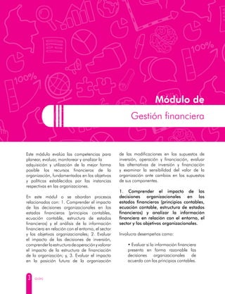 3 GUÍAS
Este módulo evalúa las competencias para
planear, evaluar, monitorear y analizar la
adquisición y utilización de la mejor forma
posible los recursos financieros de la
organización, fundamentados en los objetivos
y políticas establecidos por las instancias
respectivas en las organizaciones.
En este módul o se abordan procesos
relacionados con: 1. Comprender el impacto
de las decisiones organizacionales en los
estados financieros (principios contables,
ecuación contable, estructura de estados
financieros) y el análisis de la información
financiera en relación con el entorno, el sector
y los objetivos organizacionales; 2. Evaluar
el impacto de las decisiones de inversión,
comprenderlaestructuradeoperaciónyvalorar
el impacto de la estructura de financiación
de la organización; y, 3. Evaluar el impacto
en la posición futura de la organización
de las modificaciones en los supuestos de
inversión, operación y financiación, evaluar
las alternativas de inversión y financiación
y examinar la sensibilidad del valor de la
organización ante cambios en los supuestos
de sus componentes.
1. Comprender el impacto de las
decisiones organizacionales en los
estados financieros (principios contables,
ecuación contable, estructura de estados
financieros) y analizar la información
financiera en relación con el entorno, el
sector y los objetivos organizacionales.
Involucra desempeños como:
• Evaluar si la información financiera
presenta en forma razonable las
decisiones organizacionales de
acuerdo con los principios contables.
Módulo de
Gestión financiera
 