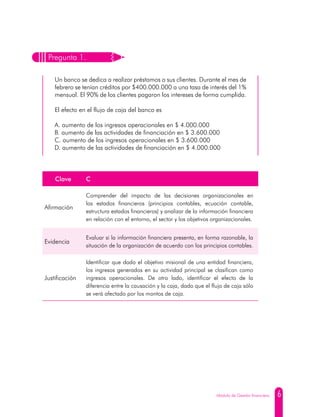 6Módulo de Gestión financiera.
Clave C
Afirmación
Comprender del impacto de las decisiones organizacionales en
los estados financieros (principios contables, ecuación contable,
estructura estados financieros) y analizar de la información financiera
en relación con el entorno, el sector y los objetivos organizacionales.
Evidencia
Evaluar si la información financiera presenta, en forma razonable, la
situación de la organización de acuerdo con los principios contables.
Justificación
Identificar que dado el objetivo misional de una entidad financiera,
los ingresos generados en su actividad principal se clasifican como
ingresos operacionales. De otro lado, identificar el efecto de la
diferencia entre la causación y la caja, dado que el flujo de caja sólo
se verá afectado por los montos de caja.
Pregunta 1.
Un banco se dedica a realizar préstamos a sus clientes. Durante el mes de
febrero se tenían créditos por $400.000.000 a una tasa de interés del 1%
mensual. El 90% de los clientes pagaron los intereses de forma cumplida.
El efecto en el flujo de caja del banco es
A. aumento de los ingresos operacionales en $ 4.000.000
B. aumento de las actividades de financiación en $ 3.600.000
C. aumento de los ingresos operacionales en $ 3.600.000
D. aumento de las actividades de financiación en $ 4.000.000
 
