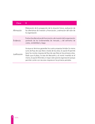 9 GUÍAS
Clave B
Afirmación
Elaboración de la prospección de la situación futura, evaluación de
las alternativas de inversión y financiación, y estimación del valor de
la organización.
Evidencia
Evaluar las alternativas de financiación y de inversión de la organización
partiendo de los fundamentales de mercado, y del estimativo de
costos, rentabilidad y riesgo.
Justificación
Aunque en términos generales los cuatro proyectos brindan la misma
suma de flujo de caja libre a través de los años, la opción B permite
tener los montos mayores de flujo de caja libre en los primeros años.
Dado que el plazo, la tasa de descuento y el monto invertido es el
mismo, la opción B brinda un mayor valor para la organización porque
permiten contar con recursos mayores en los primeros periodos.
 