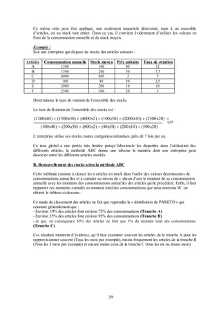 Ce même ratio peut être appliqué, non seulement ànuarticle déterminé, mais à un ensemble
d’articles, ou au stock tout entier. Dans ce cas, il convient évidemment d’utiliser les valeurs en
Euro de la consommation annuelle et du stock moyen.
Exemple :
Soit une entreprise qui dispose de stocks des articles suivants :
Articles
A
B
C
D
E
F

Consommation annuelle Stock moyen Prix unitaire
1200
100
40
1500
200
30
4000
800
2
100
40
50
2000
200
10
2500
500
20

Taux de rotation
12
7,5
5
2,5
10
5

Déterminons le taux de rotation de l’ensemble des stocks
Le taux de Rotation de l’ensemble des stocks est :

(1200x40)  (1500x30)  (4000x2)  (100x50)  (2000x10)  (2500x20) 
(100x40)  (200x30)  (800x2)  (40x50)  (200x10)  (500x20)

6,87

L’entreprise utilise ses stocks, toutes catégoriesconfondues, près de 7 fois par an.
Ce taux global a une portée très limitée puisqu’ildissimule les disparités dans l’utilisation des
différents articles, la méthode ABC donne une idéesur la manière dont une entreprise peut
dissocier entre les différents articles stockés
B. Renouvellement des stocks selon la méthode ABC
Cette méthode consiste à classer les n articles en stock dans l’ordre des valeurs décroissantes de
consommations annuelles et à cumuler au niveau de c ahcun d’eux le montant de sa consommation
annuelle avec les montants des consommations annuelles des articles qui le précèdent. Enfin, il faut
rapporter ces montants cumulés au montant total des consommations que nous noterons W. on
obtient le tableau ci-dessous :
Ce mode de classement des articles ne fait que reprendre la « distribution de PARETO » qui
constate généralement que :
- Environ 10% des articles font environ 75% des consommations (Tranche A)
- Environ 35% des articles font environ 95% des consommations (Tranche B)
- et que, en conséquence 65% des articles ne font que 5% du montant total des consommations

(Tranche C)
Ces résultats montrent d’évidence, qu’il faut examiner souvent les articles de la tranche A pour les
rapprovisionner souvent (Tous les mois par exemple), moins fréquement les articles de la tranche B
(Tous les 3 mois par exemple) et encore moins ceux de la tranche C (tous les six ou douze mois)

39

 