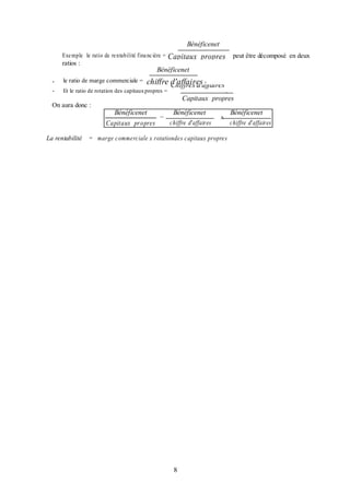 Bénéficenet
Exe mple le ratio de re ntabilité fina nc ière =

ratios :
-

Capitaux propres

Bénéficenet

le ratio de marge commerciale =

chiffre d'affaires ,
Chiffres d'affaires

Et le ratio de rotation des capitaux propres =

On aura donc :

La rentabilité

peut être décomposé en deux

.

Capitaux propres
Bénéficenet
Bénéficenet
=
chiffre d'affaires
Capitaux pr opres

x

= marge commerciale x rotationdes capitaux propres

8

Bénéficenet
chiffre d'affaires

 
