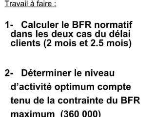 Travail à faire :
1- Calculer le BFR normatif
dans les deux cas du délai
clients (2 mois et 2.5 mois)
2- Déterminer le niv...