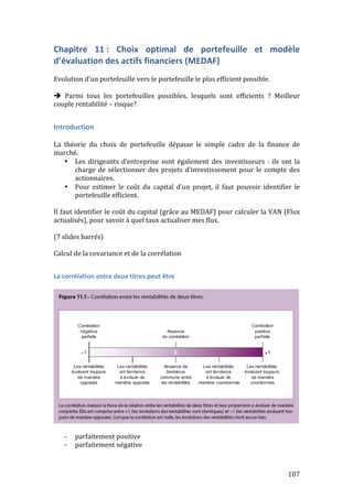 Chapitre 
11 
: 
Choix 
optimal 
de 
portefeuille 
et 
modèle 
d’évaluation 
des 
actifs 
financiers 
(MEDAF) 
Evolution 
d’un 
portefeuille 
vers 
le 
portefeuille 
le 
plus 
efficient 
possible. 
107 
 
Parmi 
tous 
les 
portefeuilles 
possibles, 
lesquels 
sont 
efficients 
? 
Meilleur 
couple 
rentabilité 
– 
risque? 
Introduction 
La 
théorie 
du 
choix 
de 
portefeuille 
dépasse 
le 
simple 
cadre 
de 
la 
finance 
de 
marché. 
• Les 
dirigeants 
d’entreprise 
sont 
également 
des 
investisseurs 
: 
ils 
ont 
la 
charge 
de 
sélectionner 
des 
projets 
d’investissement 
pour 
le 
compte 
des 
actionnaires. 
• Pour 
estimer 
le 
coût 
du 
capital 
d’un 
projet, 
il 
faut 
pouvoir 
identifier 
le 
portefeuille 
efficient. 
Il 
faut 
identifier 
le 
coût 
du 
capital 
(grâce 
au 
MEDAF) 
pour 
calculer 
la 
VAN 
(Flux 
actualisés), 
pour 
savoir 
à 
quel 
taux 
actualiser 
mes 
flux. 
(7 
slides 
barrés) 
Calcul 
de 
la 
covariance 
et 
de 
la 
corrélation 
La 
corrélation 
entre 
deux 
titres 
peut 
être 
-­‐ parfaitement 
positive 
-­‐ parfaitement 
négative 
 