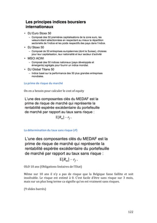 122 
La 
prime 
de 
risque 
du 
marché 
On 
en 
a 
besoin 
pour 
calculer 
le 
cost 
of 
equity 
La 
détermination 
du 
taux 
sans 
risque 
(rf) 
OLO 
10 
ans 
(Obligations 
linéaires 
de 
l’Etat) 
Même 
sur 
10 
ans 
il 
n’y 
a 
pas 
de 
risque 
que 
la 
Belgique 
fasse 
faillite 
et 
soit 
insolvable. 
Le 
risque 
est 
estimé 
à 
0. 
C’est 
facile 
d’être 
sans 
risque 
sur 
3 
mois, 
mais 
sur 
un 
plus 
long 
terme 
ca 
signifie 
qu’on 
est 
vraiment 
sans 
risques. 
(9 
slides 
barrés) 
 
