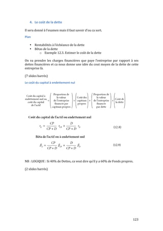 123 
4. Le 
coût 
de 
la 
dette 
Il 
sera 
donné 
à 
l’examen 
mais 
il 
faut 
savoir 
d’ou 
ca 
sort. 
Plan 
• Rentabilités 
à 
l’échéance 
de 
la 
dette 
• Bêtas 
de 
la 
dette 
o Exemple 
12.3. 
Estimer 
le 
coût 
de 
la 
dette 
On 
va 
prendre 
les 
charges 
financières 
que 
paye 
l’entreprise 
par 
rapport 
à 
ses 
dettes 
financières 
et 
ca 
nous 
donne 
une 
idée 
du 
cout 
moyen 
de 
la 
dette 
de 
cette 
entreprise 
là. 
(7 
slides 
barrés) 
Le 
coût 
du 
capital 
à 
endettement 
nul 
NB 
: 
LOGIQUE 
: 
Si 
40% 
de 
Dettes, 
ca 
veut 
dire 
qu’il 
y 
a 
60% 
de 
Fonds 
propres. 
(2 
slides 
barrés) 
 