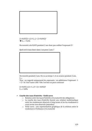 129 
(1+0,035)2 
x 
(1+f2-­‐3) 
= 
(1+0,042)3 
 
f2-­‐3 
= 
5,6% 
On 
investit 
à 
du 
0,035 
pendant 
2 
ans 
donc 
pas 
oublier 
l’exposant 
2 
! 
Quel 
est 
le 
taux 
futur 
dans 
1 
an 
pour 
2 
ans 
? 
On 
investit 
pendant 
2 
ans. 
On 
va 
au 
temps 
1 
et 
on 
avance 
pendant 
2 
ans. 
f1-­‐3. 
Truc 
: 
on 
regarde 
uniquement 
les 
exposants 
: 
on 
additionne 
l’exposant 
: 
1 
+ 
2 
= 
le 
3 
de 
l’autre 
côté 
? 
Ok 
c’est 
bon 
on 
peut 
continuer 
(1+0,03) 
x 
(1+ 
f1-­‐3)2 
= 
(1+ 
0,042)3 
f1-­‐3 
= 
4,8% 
• Courbe 
des 
taux 
d’intérêts 
-­‐ 
Yield 
curve 
o Relation 
entre 
les 
taux 
d’intérêts 
et 
la 
maturité 
des 
obligations 
o La 
courbe 
des 
taux 
d’intérêts 
fournit 
une 
relation 
mathématique 
entre 
les 
rendements 
observés 
à 
long 
terme 
et 
les 
les 
rendement 
à 
court 
terme 
non 
observés 
(attendus) 
o Yield 
curve 
: 
une 
représentation 
graphique 
de 
la 
relation 
entre 
le 
rendement 
à 
l’échéance 
et 
la 
maturité 
 