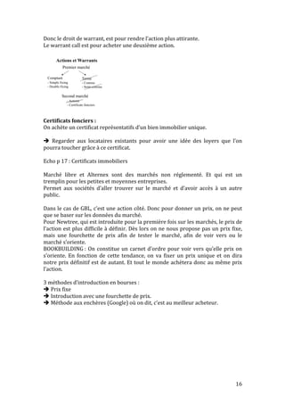 16 
Donc 
le 
droit 
de 
warrant, 
est 
pour 
rendre 
l’action 
plus 
attirante. 
Le 
warrant 
call 
est 
pour 
acheter 
une 
deuxième 
action. 
Actions et Warrants 
Premier marché 
Comptant 
- Simple fixing 
- Double fixing 
Terme 
- Continu 
- Semi-continu 
Second marché 
- Actions 
2. Le marché des capitaux 
Obligations 
Premier marché 
- Certificats fonciers 
Public Privé 
Second marché 
Certificats 
fonciers 
: 
On 
achète 
un 
certificat 
représentatifs 
d’un 
bien 
immobilier 
unique. 
 
Marché libre 
Regarder 
aux 
locataires 
existants 
pour 
avoir 
une 
idée 
des 
loyers 
que 
l’on 
pourra 
toucher 
grâce 
à 
ce 
certificat. 
Echo 
p 
17 
: 
Certificats 
immobiliers 
Marché 
libre 
et 
Alternex 
sont 
des 
marchés 
non 
réglementé. 
Et 
qui 
est 
un 
tremplin 
pour 
les 
petites 
et 
moyennes 
entreprises. 
Permet 
aux 
sociétés 
d’aller 
trouver 
sur 
le 
marché 
et 
d’avoir 
accès 
à 
un 
autre 
public. 
Dans 
le 
cas 
de 
GBL, 
c’est 
une 
action 
côté. 
Donc 
pour 
donner 
un 
prix, 
on 
ne 
peut 
que 
se 
baser 
sur 
les 
données 
du 
marché. 
Pour 
Newtree, 
qui 
est 
introduite 
pour 
la 
première 
fois 
sur 
les 
marchés, 
le 
prix 
de 
l’action 
est 
plus 
difficile 
à 
définir. 
Dès 
lors 
on 
ne 
nous 
propose 
pas 
un 
prix 
fixe, 
mais 
une 
fourchette 
de 
prix 
afin 
de 
tester 
le 
marché, 
afin 
de 
voir 
vers 
ou 
le 
marché 
s’oriente. 
BOOKBUILDING 
: 
On 
constitue 
un 
carnet 
d’ordre 
pour 
voir 
vers 
qu’elle 
prix 
on 
s’oriente. 
En 
fonction 
de 
cette 
tendance, 
on 
va 
fixer 
un 
prix 
unique 
et 
on 
dira 
notre 
prix 
définitif 
est 
de 
autant. 
Et 
tout 
le 
monde 
achètera 
donc 
au 
même 
prix 
l’action. 
3 
méthodes 
d’introduction 
en 
bourses 
: 
 
Prix 
fixe 
 
Introduction 
avec 
une 
fourchette 
de 
prix. 
 
26 
Méthode 
aux 
enchères 
(Google) 
où 
on 
dit, 
c’est 
au 
meilleur 
acheteur. 
 
