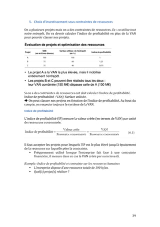 39 
5. Choix 
d’investissement 
sous 
contraintes 
de 
ressources 
On 
a 
plusieurs 
projets 
mais 
on 
a 
des 
contraintes 
de 
ressources. 
Ex 
: 
ca 
utilise 
tout 
notre 
entrepôt. 
On 
va 
devoir 
calculer 
l’indice 
de 
profitabilité 
en 
plus 
de 
la 
VAN 
pour 
pouvoir 
classer 
nos 
projets. 
Si 
on 
a 
des 
contraintes 
de 
ressources 
ont 
doit 
calculer 
l’indice 
de 
profitabilité. 
Indice 
de 
profitabilité 
: 
VAN/ 
Surface 
utilisée. 
 
On 
peut 
classer 
nos 
projets 
en 
fonction 
de 
l’indice 
de 
profitabilité. 
Au 
bout 
du 
compte, 
on 
respecte 
toujours 
le 
système 
de 
la 
VAN. 
Indice 
de 
profitabilité 
L’indice 
de 
profitabilité 
(IP) 
mesure 
la 
valeur 
créée 
(en 
termes 
de 
VAN) 
par 
unité 
de 
ressources 
consommée. 
Il 
faut 
accepter 
les 
projets 
pour 
lesquels 
l’IP 
est 
le 
plus 
élevé 
jusqu’à 
épuisement 
de 
la 
ressource 
sur 
laquelle 
pèse 
la 
contrainte. 
• Fréquemment 
utilisé 
lorsque 
l’entreprise 
fait 
face 
à 
une 
contrainte 
financière, 
il 
mesure 
dans 
ce 
cas 
la 
VAN 
créée 
par 
euro 
investi. 
Exemple: Indice de profitabilité et contrainte sur les ressources humaines 
• L’entreprise 
dispose 
d’une 
ressource 
totale 
de 
190 
h/an. 
• Quel(s) 
projet(s) 
réaliser 
? 
 