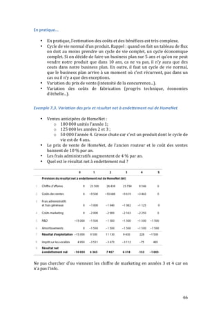 46 
En 
pratique... 
• En 
pratique, 
l’estimation 
des 
coûts 
et 
des 
bénéfices 
est 
très 
complexe. 
• Cycle 
de 
vie 
normal 
d’un 
produit. 
Rappel 
: 
quand 
on 
fait 
un 
tableau 
de 
flux 
on 
doit 
au 
moins 
prendre 
un 
cycle 
de 
vie 
complet, 
un 
cycle 
économique 
complet. 
Si 
on 
décide 
de 
faire 
un 
business 
plan 
sur 
5 
ans 
et 
qu’on 
ne 
peut 
vendre 
notre 
produit 
que 
dans 
10 
ans, 
ca 
ne 
va 
pas, 
il 
n’y 
aura 
que 
des 
couts 
dans 
notre 
business 
plan. 
En 
outre, 
il 
faut 
un 
cycle 
de 
vie 
normal, 
que 
le 
business 
plan 
arrive 
à 
un 
moment 
où 
c’est 
récurrent, 
pas 
dans 
un 
cas 
ou 
il 
n’y 
a 
que 
des 
exceptions. 
• Variation 
du 
prix 
de 
vente 
(intensité 
de 
la 
concurrence...). 
• Variation 
des 
coûts 
de 
fabrication 
(progrès 
technique, 
économies 
d’échelle...). 
Exemple 
7.3. 
Variation 
des 
prix 
et 
résultat 
net 
à 
endettement 
nul 
de 
HomeNet 
• Ventes 
anticipées 
de 
HomeNet 
: 
o 100 
000 
unités 
l’année 
1; 
o 125 
000 
les 
années 
2 
et 
3 
; 
o 50 
000 
l’année 
4. 
Grosse 
chute 
car 
c’est 
un 
produit 
dont 
le 
cycle 
de 
vie 
est 
de 
4 
ans. 
• Le 
prix 
de 
vente 
de 
HomeNet, 
de 
l’ancien 
routeur 
et 
le 
coût 
des 
ventes 
baissent 
de 
10 
% 
par 
an. 
• Les 
frais 
administratifs 
augmentent 
de 
4 
% 
par 
an. 
• Quel 
est 
le 
résultat 
net 
à 
endettement 
nul 
? 
Ne 
pas 
chercher 
d’ou 
viennent 
les 
chiffre 
de 
marketing 
en 
années 
3 
et 
4 
car 
on 
n’a 
pas 
l’info. 
 