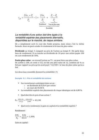 On 
a 
simplement 
sorti 
le 
cout 
des 
fonds 
propres, 
mais 
sinon 
c’est 
la 
même 
formule. 
Ainsi 
on 
peut 
scinder 
le 
rendement 
et 
le 
taux 
de 
plus-­‐value. 
Dividende 
au 
temps 
1 
comparé 
au 
prix 
de 
l’action 
au 
temps 
0 
: 
On 
parle 
donc 
bien 
de 
rendement. 
Si 
on 
touche 
un 
dividende 
de 
10 
pour 
une 
action 
payée 
100 
on 
a 
un 
rendement 
de 
10%. 
Partie 
plus-­‐value 
61 
: 
on 
revend 
l’action 
au 
T1 
: 
on 
peut 
faire 
une 
plus-­‐value. 
On 
achète 
à 
100, 
on 
vend 
à 
112, 
on 
fait 
une 
plus-­‐value 
de 
12, 
combien 
de 
% 
ca 
fait 
par 
rapport 
au 
prix 
qu’on 
avait 
payé 
? 
12/100 
= 
le 
taux 
de 
plus-­‐value 
qu’on 
a 
fait. 
Les 
deux 
taux 
ensemble 
donnent 
la 
rentabilité 
( 
?) 
Exemple 
9.1 
: 
Prix 
et 
rentabilité 
des 
actions 
• Les 
investisseurs 
anticipent 
dans 
un 
an 
: 
o un 
dividende 
de 
0,56 
€ 
par 
action 
o un 
cours 
de 
45,50 
€. 
• La 
rentabilité 
espérée 
des 
placements 
de 
risque 
identique 
est 
de 
6,80 
%. 
• Quel 
doit 
être 
le 
prix 
d’une 
action 
? 
P0 
: 
!"#!!!! 
!!!!" 
= 
!,!"!!",! 
!,!"# = 43,13€ 
• Quel 
est 
le 
rendement, 
le 
gain 
en 
capital 
et 
la 
rentabilité 
espérés 
? 
Rendement 
: 
퐷퐼푉! 
= 
푃! 
0,56 
43,13 
= 1,30% 
Gain 
en 
capital 
: 
 