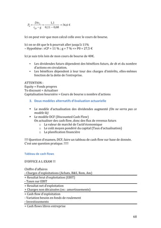 68 
Ici 
on 
peut 
voir 
que 
mon 
calcul 
colle 
avec 
le 
cours 
de 
bourse. 
Ici 
on 
se 
dit 
que 
le 
k 
pourrait 
aller 
jusqu’à 
11% 
– 
Hypothèse 
: 
rCP 
= 
11 
% 
; 
g 
= 
7 
% 
=> 
P0 
= 
27,5 
€ 
Ici 
je 
suis 
très 
loin 
de 
mon 
cours 
de 
bourse 
de 
40€. 
• Les 
dividendes 
futurs 
dépendent 
des 
bénéfices 
futurs, 
de 
dt 
et 
du 
nombre 
d’actions 
en 
circulation. 
• Les 
bénéfices 
dépendent 
à 
leur 
tour 
des 
charges 
d’intérêts, 
elles-­‐mêmes 
fonction 
de 
la 
dette 
de 
l’entreprise. 
ATTENTION 
: 
Equity 
= 
Fonds 
propres 
To 
discount 
= 
Actualiser 
Capitalisation 
boursière 
= 
Cours 
de 
bourse 
x 
nombre 
d’actions 
3. Deux 
modèles 
alternatifs 
d’évaluation 
actuarielle 
• Le 
modèle 
d’actualisation 
des 
dividendes 
augmenté 
(On 
ne 
verra 
pas 
ce 
modèle 
là) 
• Le 
modèle 
DCF 
(Discounted 
Cash 
Flow) 
On 
actualiser 
des 
cash 
flow, 
donc 
des 
flux 
de 
revenus 
futurs 
o La 
valeur 
de 
marché 
de 
l’actif 
économique 
o Le 
coût 
moyen 
pondéré 
du 
capital 
(Taux 
d’actualisation) 
o La 
planification 
financière 
!!!! 
Question 
d’examen, 
DCF, 
faire 
un 
tableau 
de 
cash 
flow 
sur 
base 
de 
donnée. 
C’est 
une 
question 
pratique. 
!!!!! 
Tableau 
de 
cash 
flows 
D’OFFICE 
A 
L 
EXAM 
!!! 
Chiffre 
d’affaires 
-­‐ 
Charges 
d’exploitations 
(Achats, 
B&S, 
Rem, 
Am) 
= 
Resultat 
brut 
d’exploitation 
(EBIT) 
-­‐ 
Taxes 
sur 
EBIT 
= 
Resultat 
net 
d’exploitation 
+ 
Charges 
non 
décaissées 
(ex 
: 
amortissements) 
= 
Cash 
flow 
d’exploitation 
-­‐ 
Variation 
besoin 
en 
fonds 
de 
roulement 
-­‐ 
Investissements 
= 
Cash 
flows 
libres 
entreprise 
 