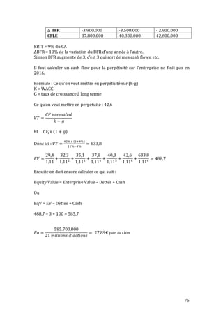 75 
Δ 
BFR 
-­‐3.900.000 
-­‐3.500.000 
-­‐ 
2.900.000 
CFLE 
37.800.000 
40.300.000 
42.600.000 
EBIT 
= 
9% 
du 
CA 
ΔBFR 
= 
10% 
de 
la 
variation 
du 
BFR 
d’une 
année 
à 
l’autre. 
Si 
mon 
BFR 
augmente 
de 
3, 
c’est 
3 
qui 
sort 
de 
mes 
cash 
flows, 
etc. 
Il 
faut 
calculer 
un 
cash 
flow 
pour 
la 
perpétuité 
car 
l’entreprise 
ne 
finit 
pas 
en 
2016. 
Formule 
: 
Ce 
qu’on 
veut 
mettre 
en 
perpétuité 
sur 
(k-­‐g) 
K 
= 
WACC 
G 
= 
taux 
de 
croissance 
à 
long 
terme 
Ce 
qu’on 
veut 
mettre 
en 
perpétuité 
: 
42,6 
푉푇 = 
퐶퐹 푛표푟푚푎푙푖푠é 
푘 − 푔 
Et 
퐶퐹!푥 1 + 푔 
Donc 
ici 
: 
푉푇 = !",! ! !!!% 
!!%!!% = 633,8 
퐸푉 = 
29,4 
1,11 
+ 
32,3 
1,11! + 
35,1 
1,11! + 
37,8 
1,11! + 
40,3 
1,11! + 
42,6 
1,11! + 
633,8 
1,11! = 488,7 
Ensuite 
on 
doit 
encore 
calculer 
ce 
qui 
suit 
: 
Equity 
Value 
= 
Enterprise 
Value 
– 
Dettes 
+ 
Cash 
Ou 
EqV 
= 
EV 
– 
Dettes 
+ 
Cash 
488,7 
– 
3 
+ 
100 
= 
585,7 
푃표 = 
585.700.000 
21 푚푖푙푙푖표푛푠 푑!푎푐푡푖표푛푠 
= 27,89€ 푝푎푟 푎푐푡푖표푛 
 