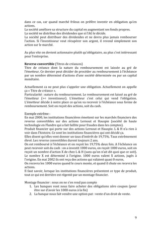 dans 
ce 
cas, 
car 
quand 
marché 
frileux 
on 
préfère 
investir 
en 
obligation 
qu’en 
actions. 
La 
société 
améliore 
sa 
structure 
du 
capital 
en 
augmentant 
ses 
fonds 
propres. 
La 
société 
ne 
distribue 
des 
dividendes 
que 
si 
l’AG 
le 
décide. 
La 
société 
peut 
distribuer 
des 
dividendes 
et 
ne 
devra 
plus 
jamais 
rembourser 
l’action. 
Si 
l’investisseur 
veut 
récupérer 
son 
argent, 
il 
revend 
simplement 
son 
action 
sur 
le 
marché. 
Au 
plus 
vite 
on 
devient 
actionnaire 
plutôt 
qu’obligataire, 
au 
plus 
c’est 
intéressant 
pour 
l’entreprise. 
Reverse 
convertible 
9 
(Titres 
de 
créances) 
Titre 
de 
créance 
dont 
la 
nature 
du 
remboursement 
est 
laissée 
au 
gré 
de 
l’émetteur. 
Ce 
dernier 
peut 
décider 
de 
procéder 
au 
remboursement 
à 
l’échéance 
par 
un 
nombre 
déterminé 
d’actions 
d’une 
société 
déterminée 
ou 
par 
un 
capital 
monétaire. 
Actuellement 
ca 
ne 
peut 
plus 
s’appeler 
une 
obligation. 
Actuellement 
on 
appelle 
ça 
« 
Titre 
de 
créance 
». 
Particularité 
: 
nature 
du 
remboursement. 
Le 
remboursement 
est 
laissé 
au 
gré 
de 
l’émetteur 
(>< 
investisseur). 
L’émetteur 
c’est 
celui 
qui 
vend 
l’obligation. 
L’émetteur 
décide 
à 
notre 
place 
ce 
qu’on 
va 
recevoir 
à 
l’échéance 
sous 
forme 
de 
remboursement. 
Soit 
on 
reçoit 
des 
actions, 
soit 
du 
cash. 
Exemple 
extrême 
: 
En 
mai 
2000, 
les 
institutions 
financières 
émettent 
sur 
les 
marchés 
financiers 
des 
reverse 
convertibles 
sur 
des 
actions 
Lernout 
et 
Hauspie 
(société 
de 
haute 
technologie 
en 
Flandre 
qui 
a 
fait 
faillite 
pour 
fraudes 
dans 
les 
comptes). 
Produit 
financier 
qui 
porte 
sur 
des 
actions 
Lernout 
et 
Hauspie. 
L 
& 
H 
n’a 
rien 
à 
voir 
dans 
l’histoire. 
Ce 
sont 
les 
institutions 
financières 
qui 
ont 
décidé 
ça. 
Elles 
disent 
qu’elles 
vont 
donner 
un 
taux 
d’intérêt 
de 
19,75%. 
Taux 
extrêmement 
élevé. 
Les 
reverse 
convertibles 
durent 
toujours 
2 
ans. 
On 
est 
remboursé 
à 
l’échéance 
et 
on 
reçoit 
les 
19,75% 
deux 
fois. 
A 
l’échéance 
on 
peut 
recevoir 
soit 
du 
cash 
: 
on 
a 
investit 
1000 
euros, 
on 
reçoit 
1000 
euros, 
soit 
on 
reçoit 
un 
nombre 
d’action 
X 
de 
chez 
L 
& 
H 
(sans 
qu’on 
n’ait 
dit 
quoi 
que 
ce 
soit). 
Le 
nombre 
X 
est 
déterminé 
à 
l’origine. 
1000 
euros 
valent 
X 
actions, 
jugés 
à 
l’origine. 
En 
mai 
2002 
ils 
ont 
reçu 
des 
actions 
qui 
valaient 
quasi 
0 
euros. 
On 
recevra 
les 
1000 
euros 
quand 
le 
cours 
monte, 
et 
quand 
il 
chute 
on 
recevra 
les 
actions. 
Il 
faut 
savoir, 
lorsque 
les 
institutions 
financières 
présentent 
ce 
type 
de 
produit, 
tout 
ce 
qui 
est 
derrière 
est 
régenté 
par 
un 
montage 
financier. 
Montage 
financier 
: 
nous 
on 
ne 
s’en 
rend 
pas 
compte 
1. Les 
banques 
vont 
nous 
faire 
acheter 
des 
obligations 
zéro 
coupon 
(pour 
être 
sur 
d’avoir 
les 
1000 
euros 
à 
la 
fin) 
2. La 
banque 
nous 
fait 
vendre 
une 
option 
put 
: 
vente 
d’un 
droit 
de 
vente. 
 